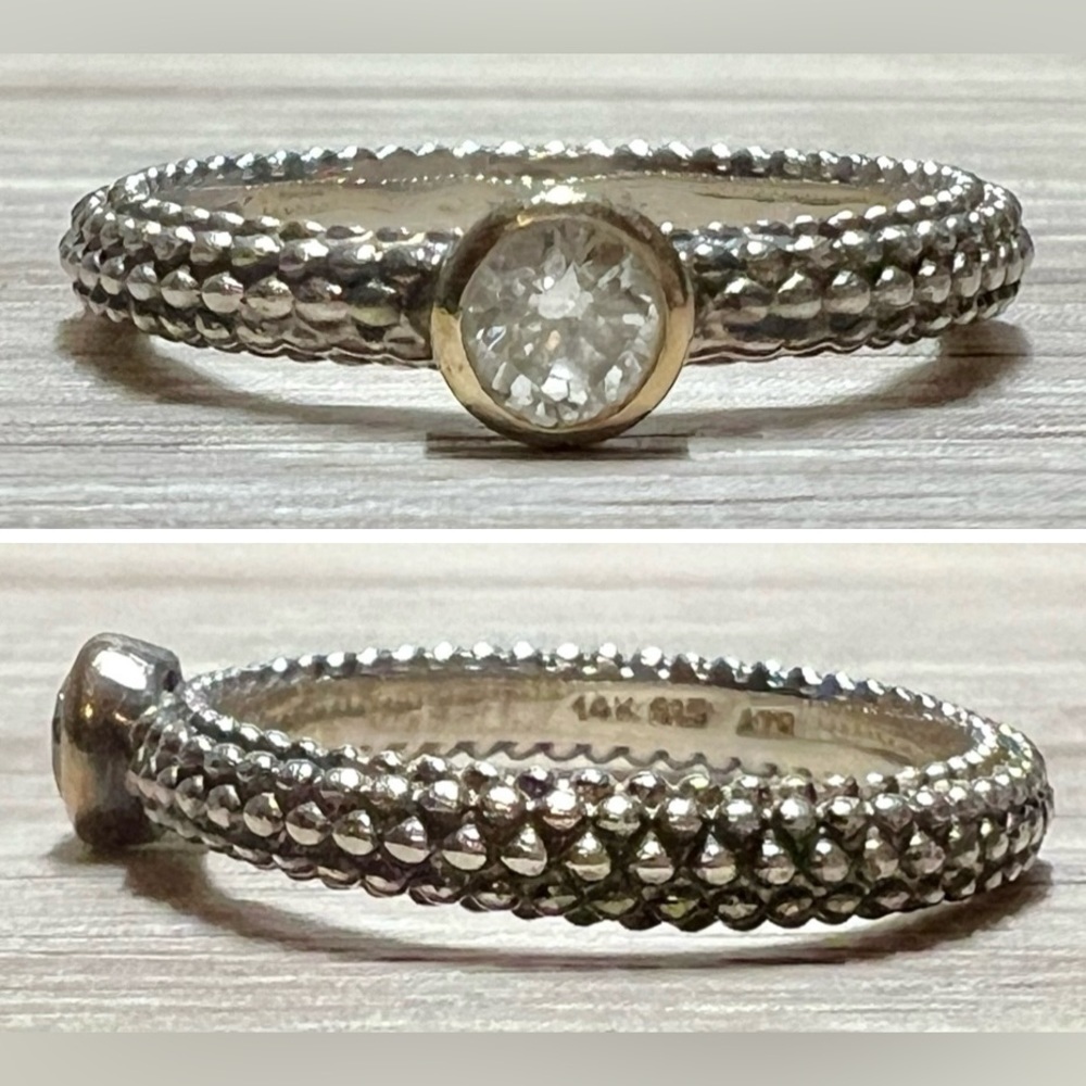 Vintage Designer Signed ATR Sterling Silver & 14K Gold Pebbled CZ Eternity Ring
